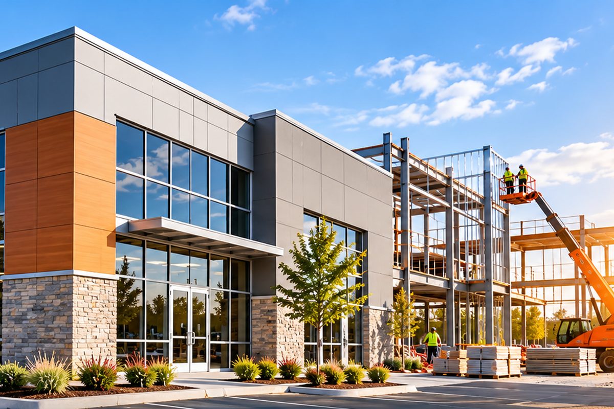 Illustrative rendering of a commercial building beside a steel-frame construction site